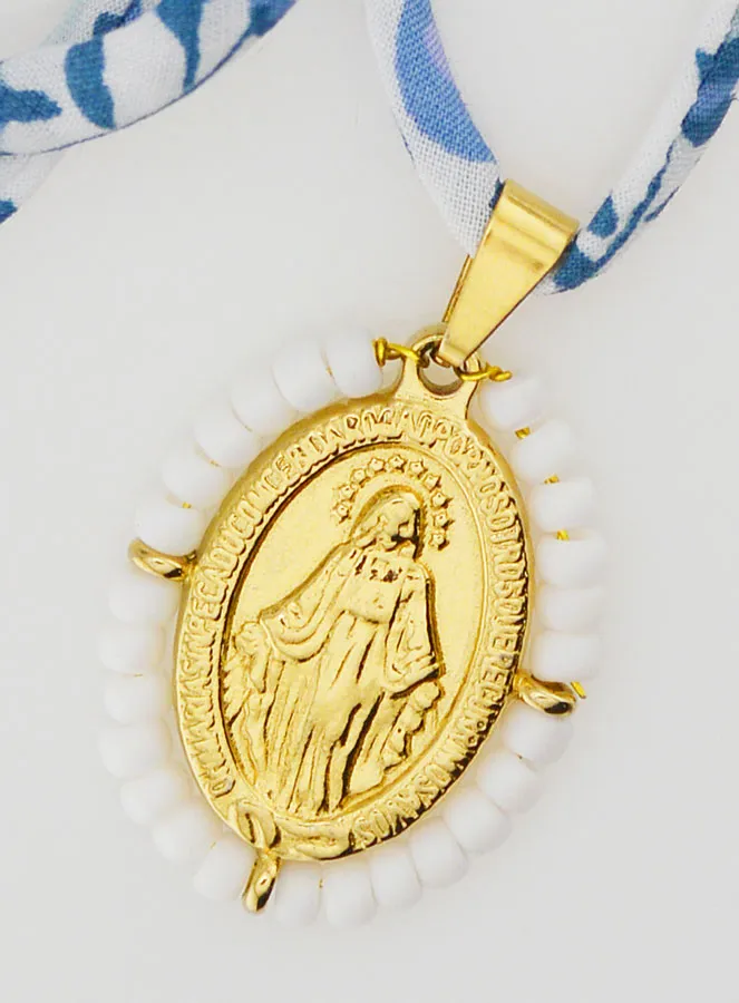 Religious Necklace Blue Liberty Cord - Miraculous Medal with Beads (pic 3)