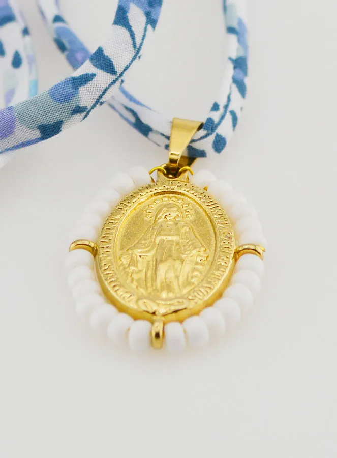 Religious Necklace Blue Liberty Cord - Miraculous Medal with Beads (pic 4)