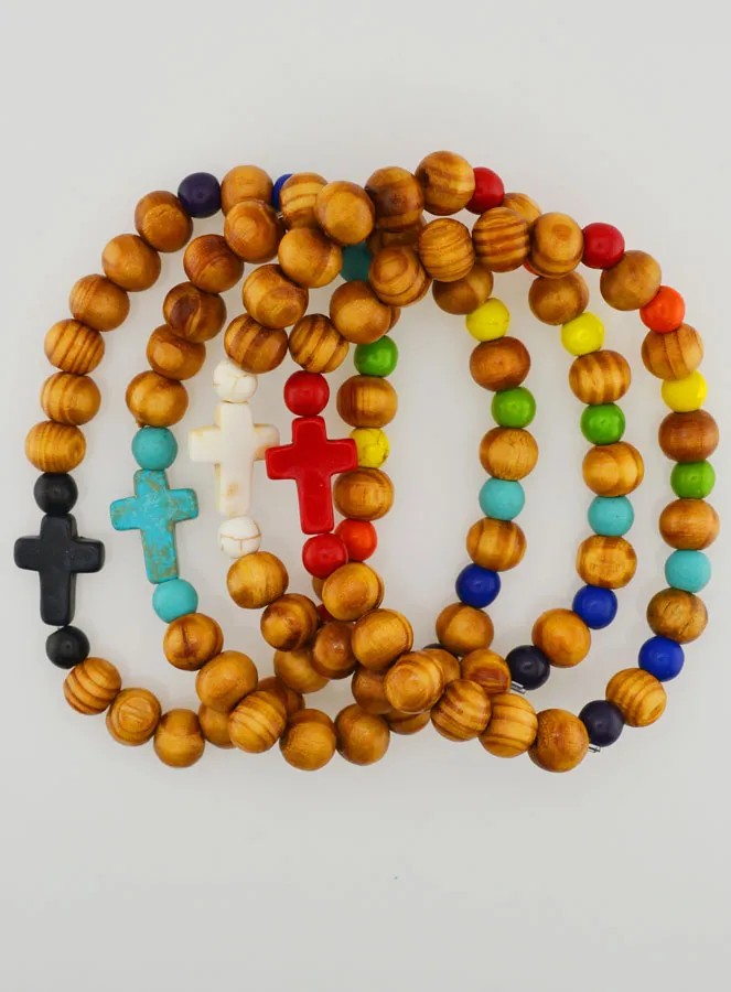 Set of 4 Religious Wooden Bracelets with Cross (pic 1)