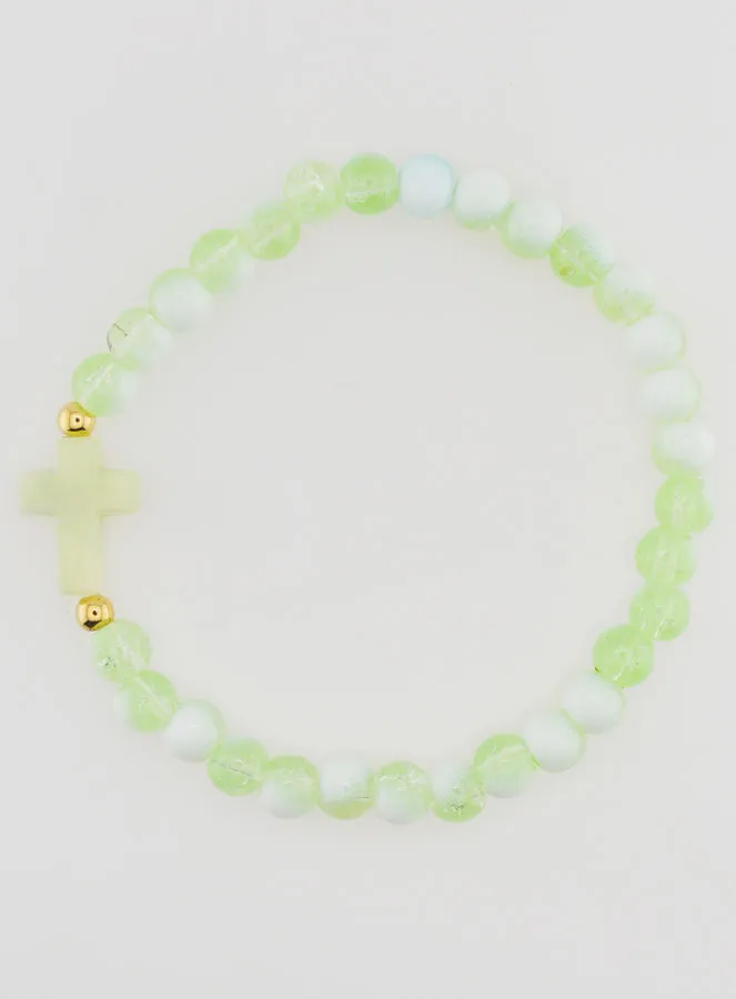 Religious Bracelet with Cross and Green Glass Beads (pic 1)