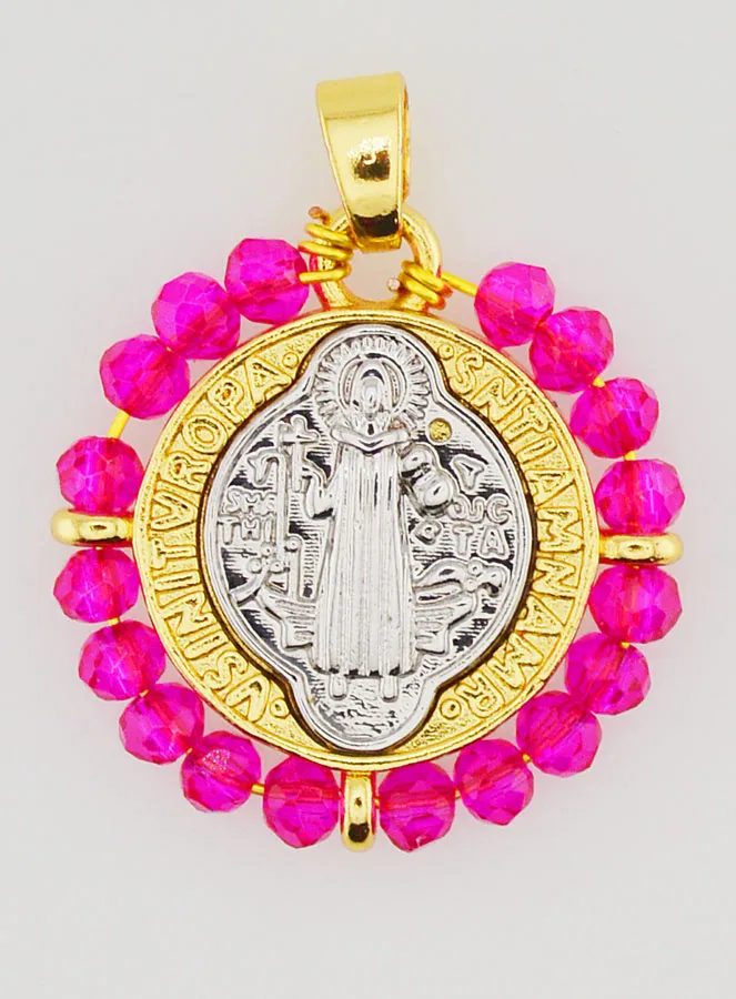 Saint Benedict Medal in Brass and Pink Glass (pic 1)