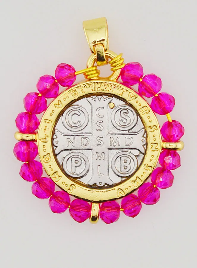 Saint Benedict Medal in Brass and Pink Glass (pic 2)