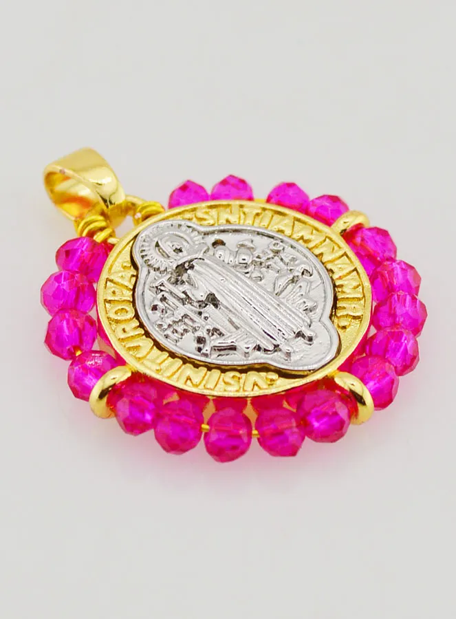 Saint Benedict Medal in Brass and Pink Glass (pic 4)