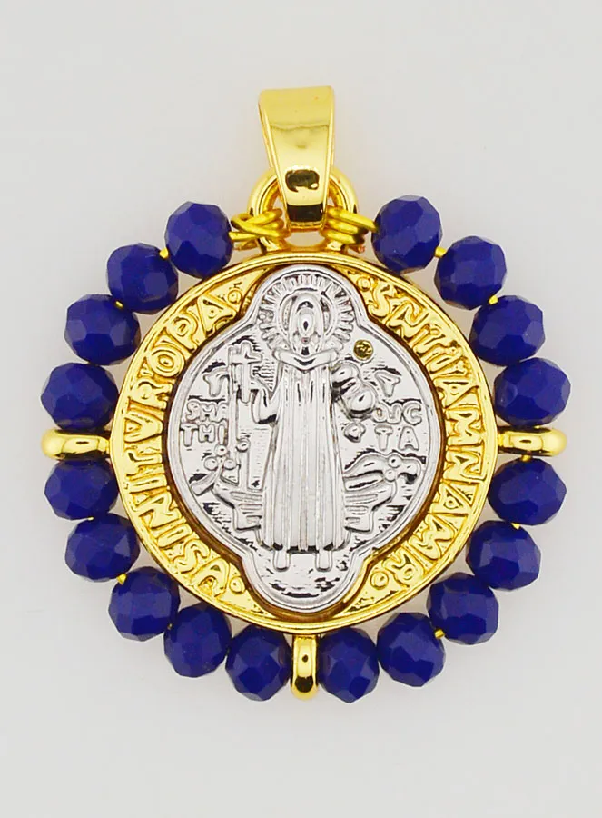 Saint Benedict Medal in Brass and Blue Glass (pic 1)