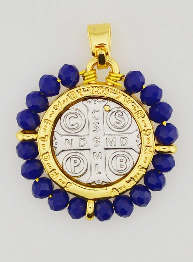 Saint Benedict Medal in Brass and Blue Glass (pic 2)