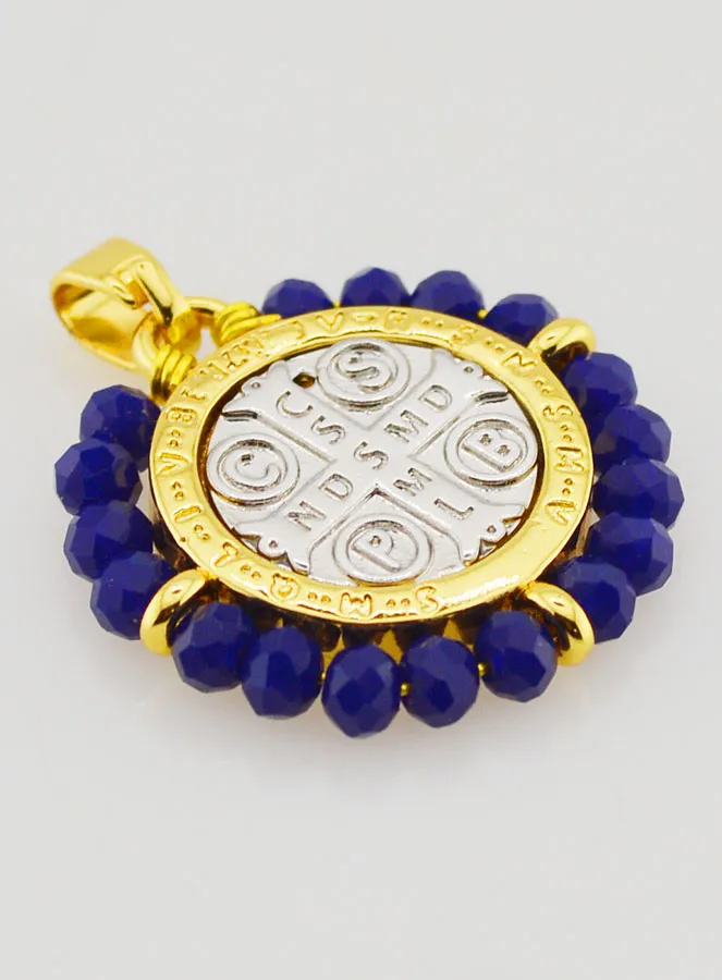 Saint Benedict Medal in Brass and Blue Glass (pic 3)