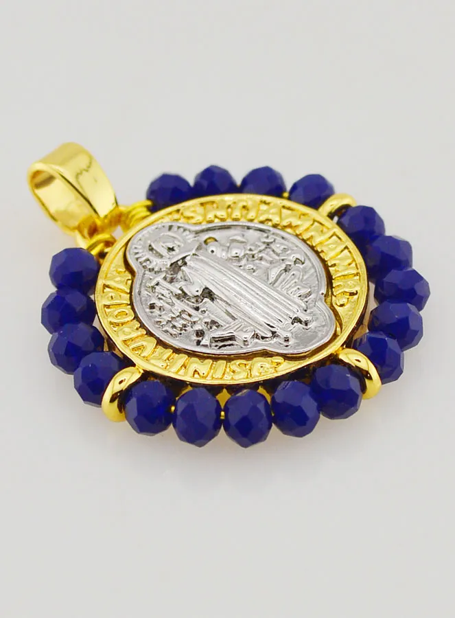 Saint Benedict Medal in Brass and Blue Glass (pic 4)