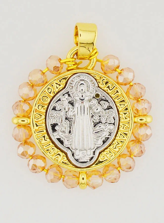 Saint Benedict Medal in Brass and Pale Pink Glass (pic 1)