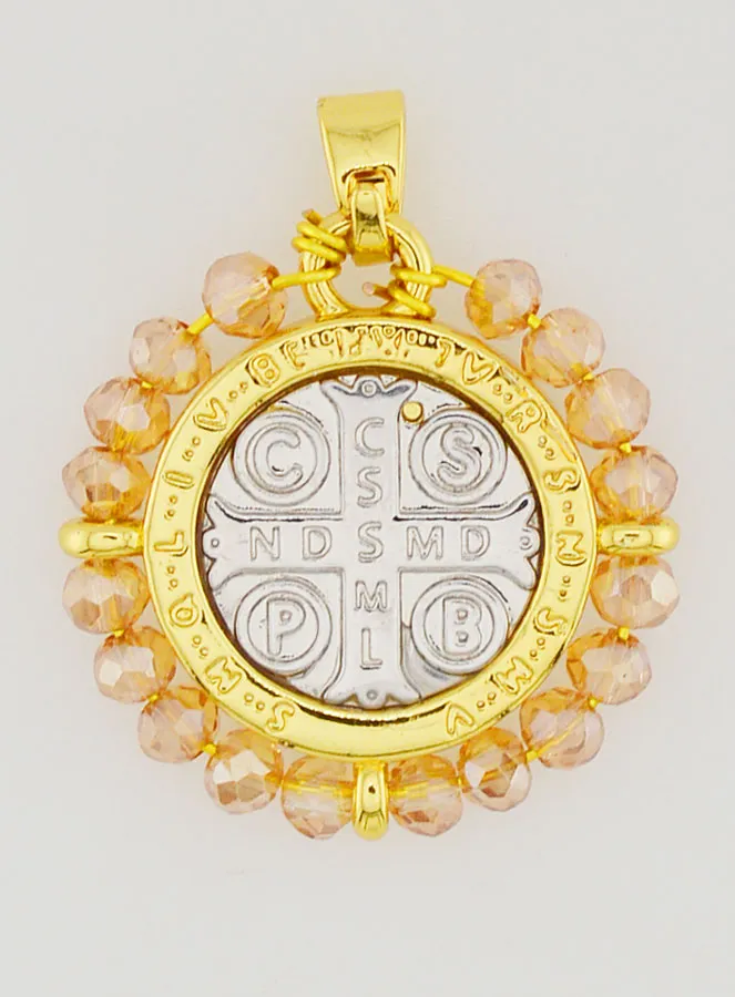 Saint Benedict Medal in Brass and Pale Pink Glass (pic 2)