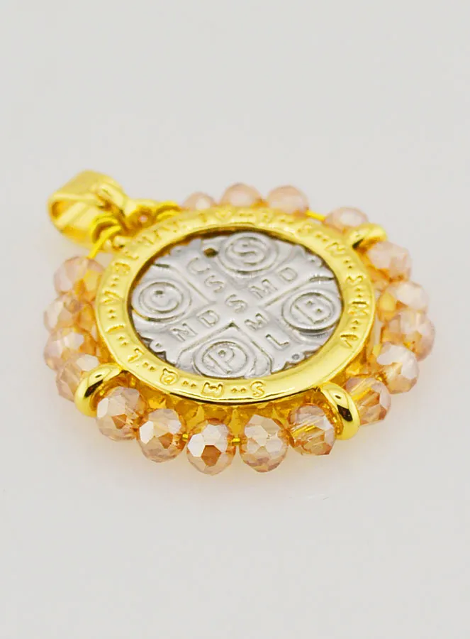 Saint Benedict Medal in Brass and Pale Pink Glass (pic 3)
