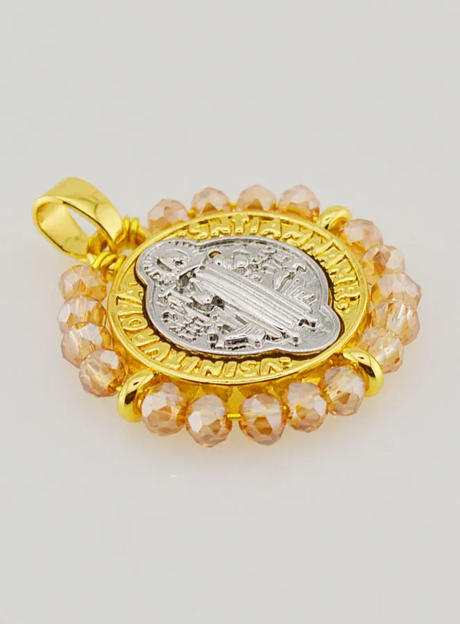 Saint Benedict Medal in Brass and Pale Pink Glass (pic 4)