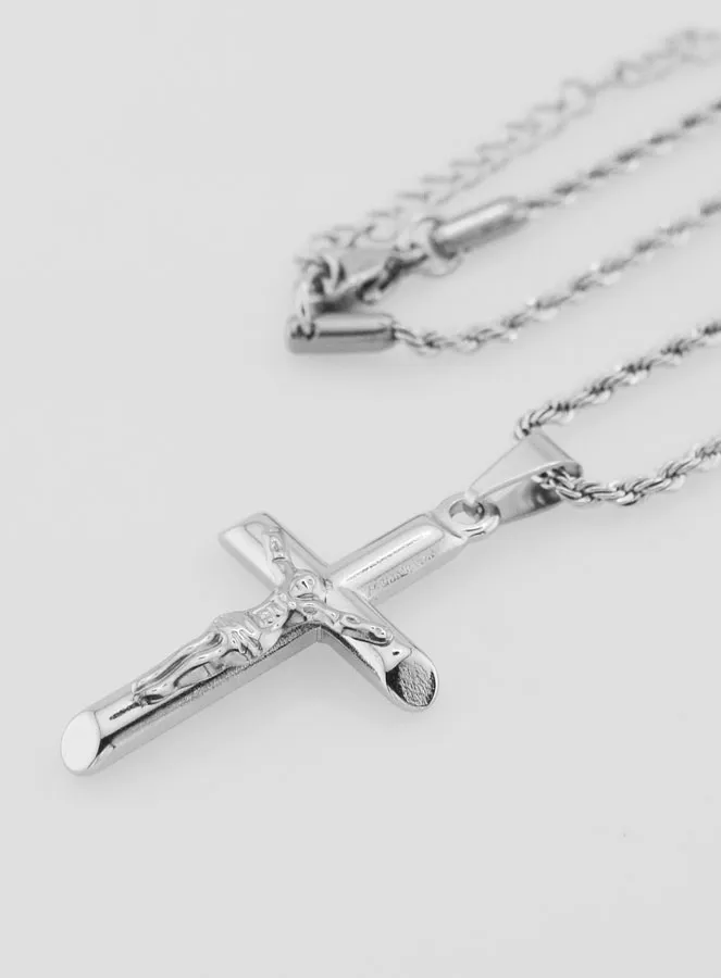Religious Necklace with Silvery Stainless Steel Cross of Christ (pic 1)