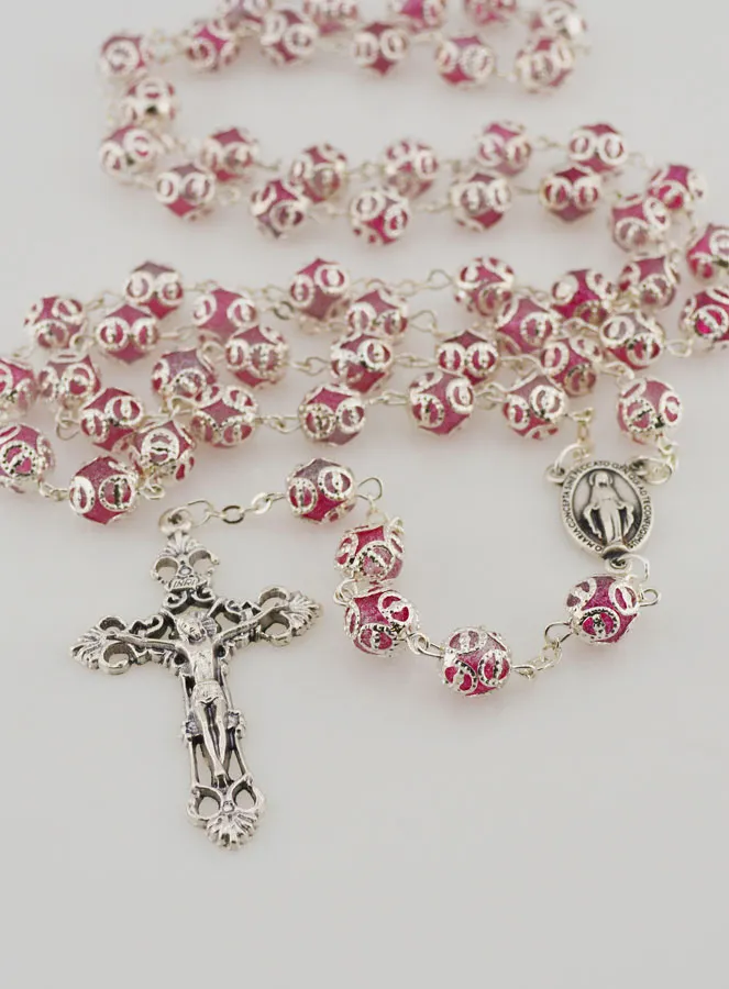 Pink Bead Rosary - Miraculous Medal and Baroque Cross (pic 2)