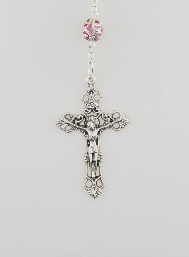 Pink Bead Rosary - Miraculous Medal and Baroque Cross (pic 3)