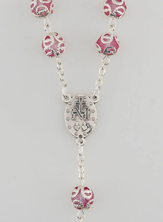 Pink Bead Rosary - Miraculous Medal and Baroque Cross (pic 4)