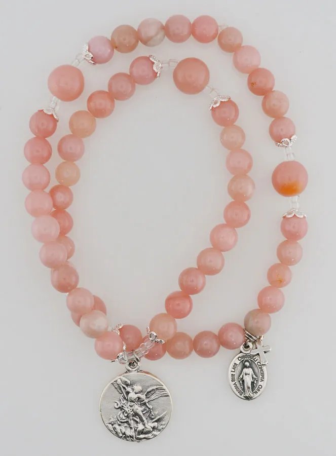Miraculous Medal Rosary and St Michael in Pink Opal (pic 1)