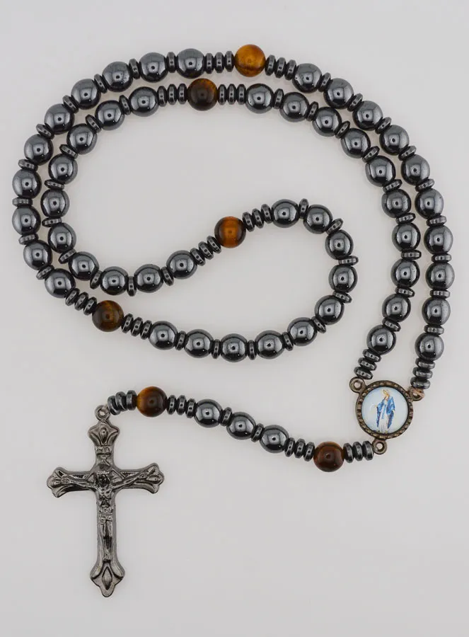 Miraculous Virgin Rosary in Hematite and Tiger's Eye (pic 1)
