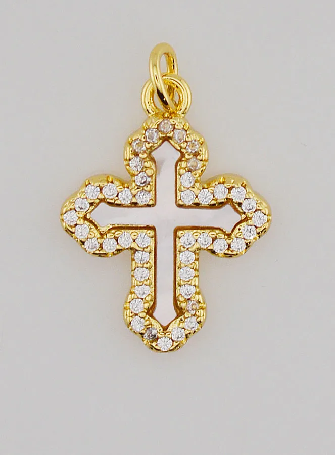 Orthodox Cross Pendant with Rhinestones and Mother-of-Pearl - 17mm (pic 1)