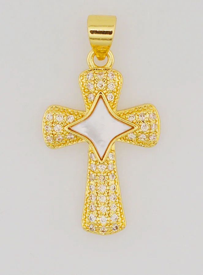 Cross Pendant with Star in Brass and Mother-of-Pearl - 22mm (pic 1)