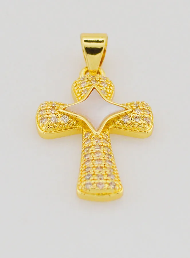Cross Pendant with Star in Brass and Mother-of-Pearl - 22mm (pic 2)