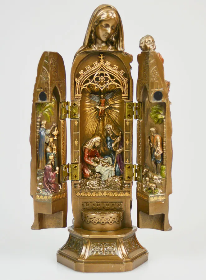 Religious Triptych Statue Virgin Mary and Child in Bronze - 20cm (pic 1)