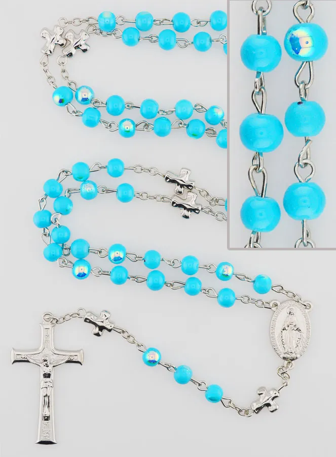 Miraculous Medal Rosary with Chrome Beads - Turquoise Blue (pic 1)