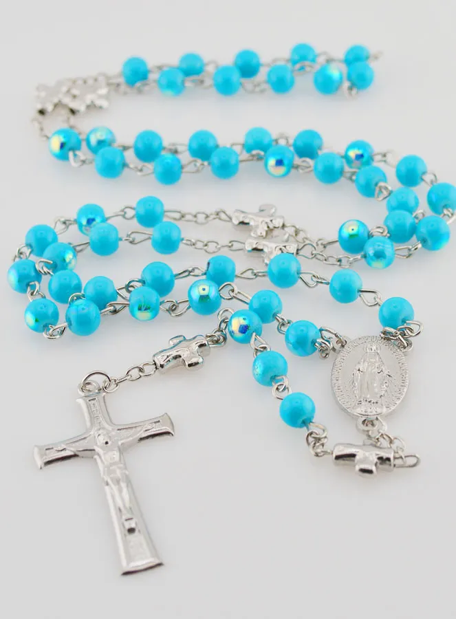 Miraculous Medal Rosary with Chrome Beads - Turquoise Blue (pic 2)
