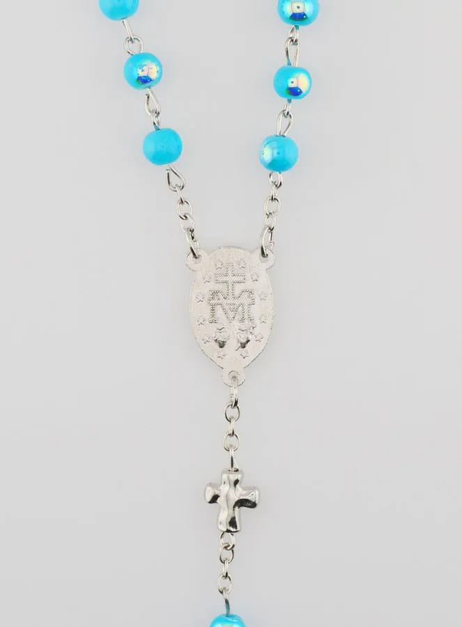 Miraculous Medal Rosary with Chrome Beads - Turquoise Blue (pic 4)