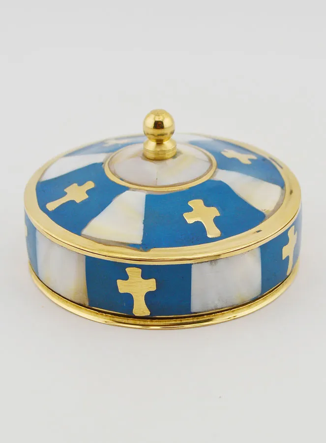 Handcrafted Rosary Box in Brass and Mother-of-Pearl - Blue (pic 1)