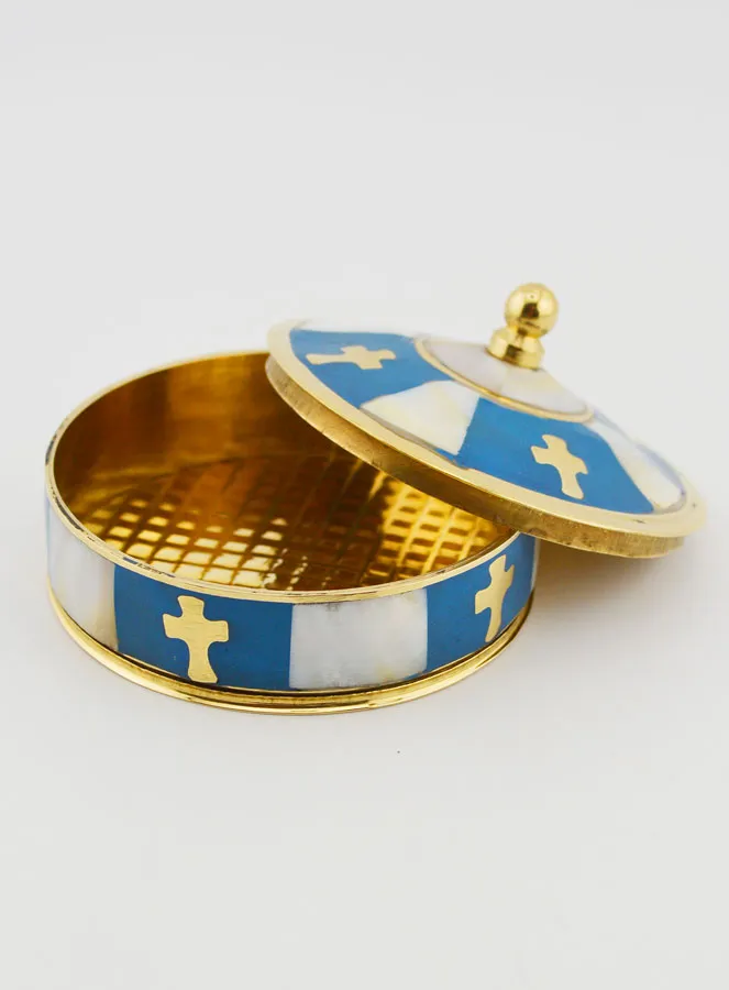 Handcrafted Rosary Box in Brass and Mother-of-Pearl - Blue (pic 2)