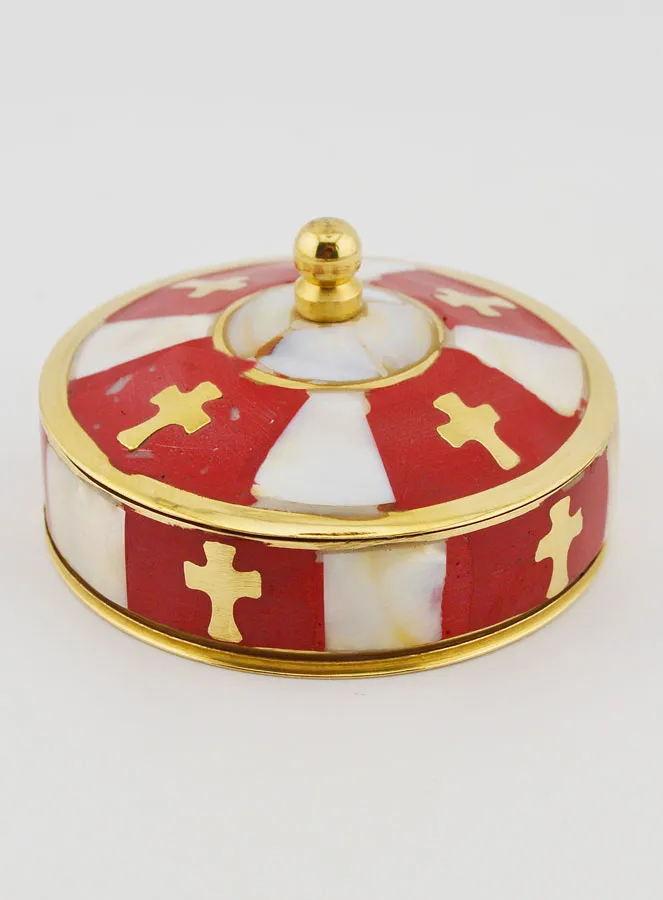Handcrafted Rosary Box in Brass and Mother-of-Pearl - Red (pic 1)