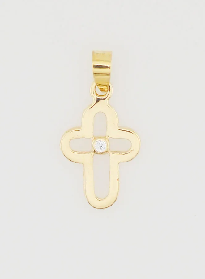 9K Gold Openwork Rounded Cross Pendant with Stone - 15mm (pic 1)