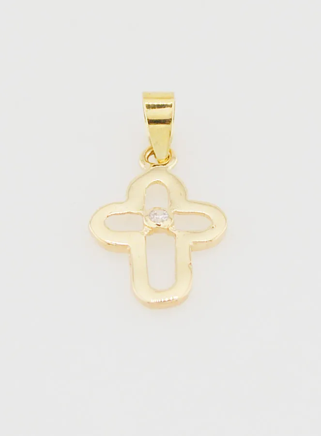 9K Gold Openwork Rounded Cross Pendant with Stone - 15mm (pic 2)