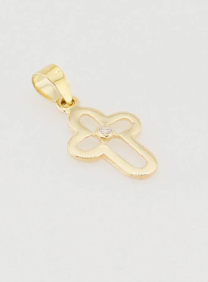 9K Gold Openwork Rounded Cross Pendant with Stone - 15mm (pic 3)