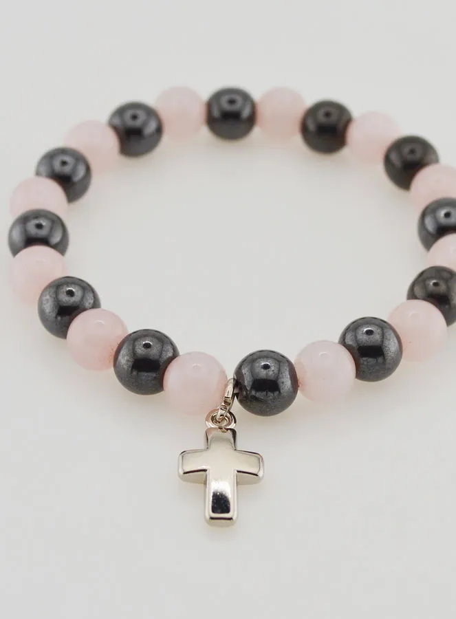 Bracelet with Cross - Rose Quartz and Hematite 8mm (pic 2)