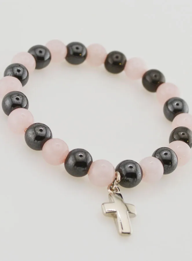 Bracelet with Cross - Rose Quartz and Hematite 8mm (pic 3)