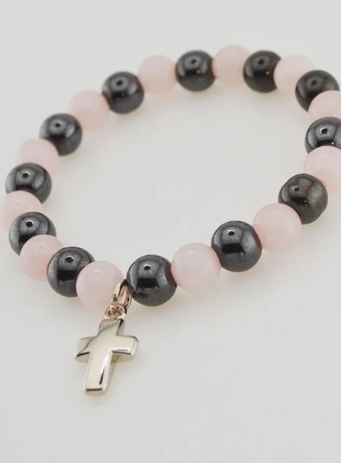 Bracelet with Cross - Rose Quartz and Hematite 8mm (pic 4)