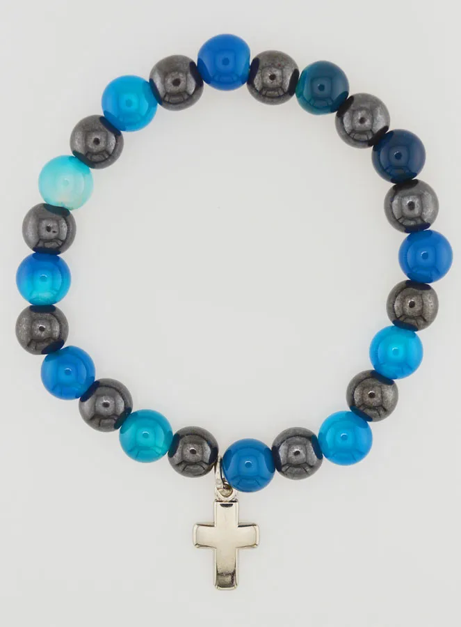 Bracelet with Cross - Blue Agate and Hematite 8mm (pic 1)