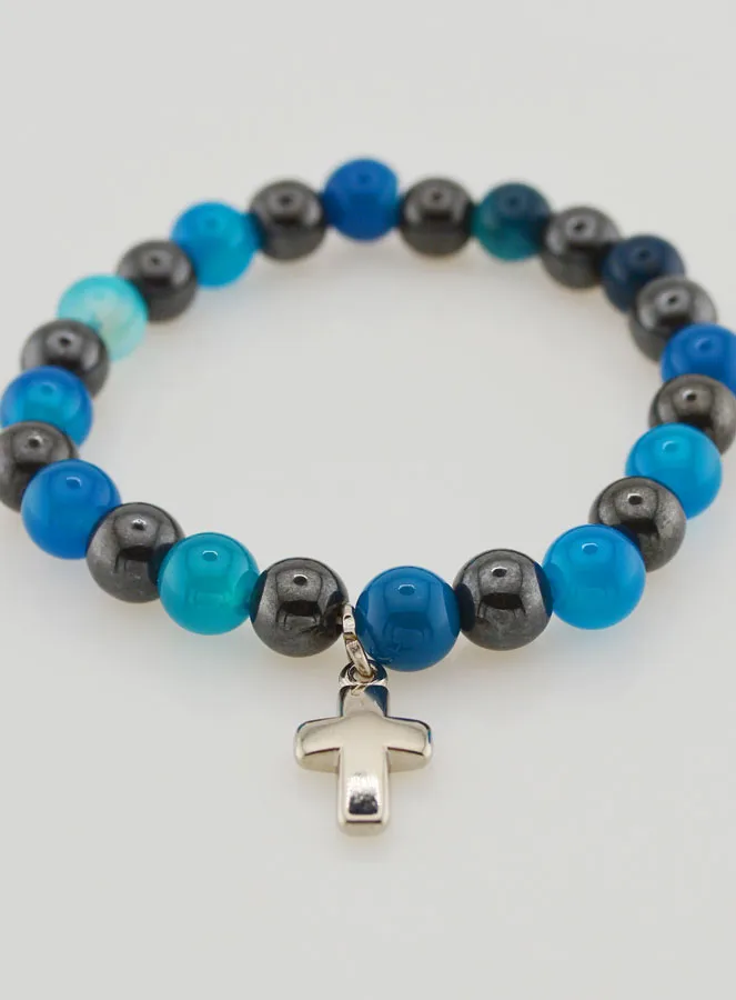 Bracelet with Cross - Blue Agate and Hematite 8mm (pic 2)