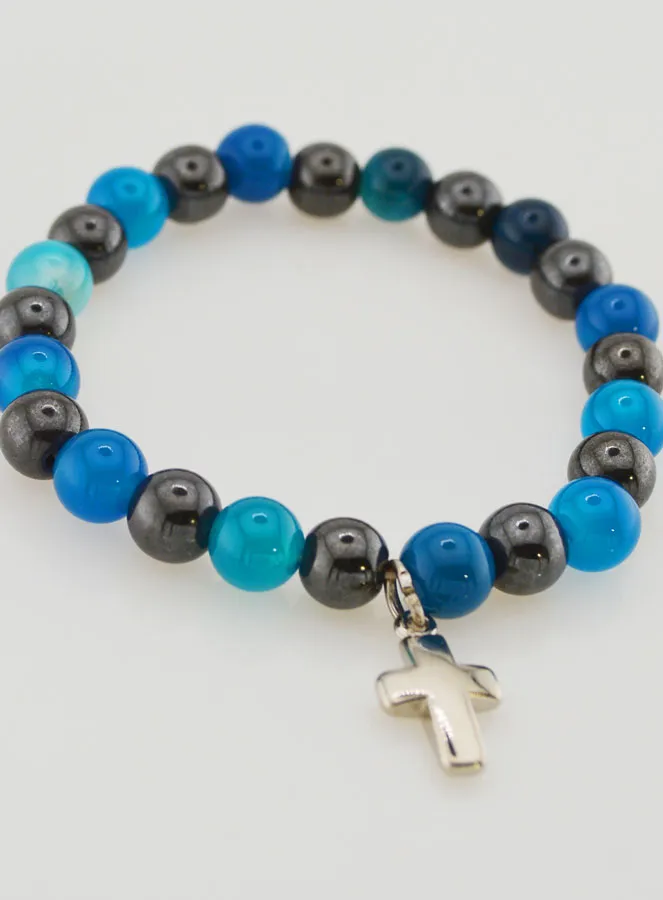 Bracelet with Cross - Blue Agate and Hematite 8mm (pic 3)