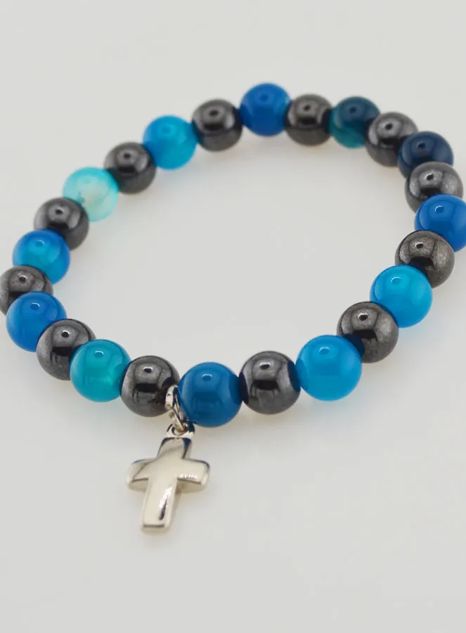 Bracelet with Cross - Blue Agate and Hematite 8mm (pic 4)