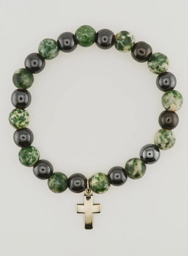 Bracelet with Cross - Tree Agate and Hematite 8mm (pic 1)