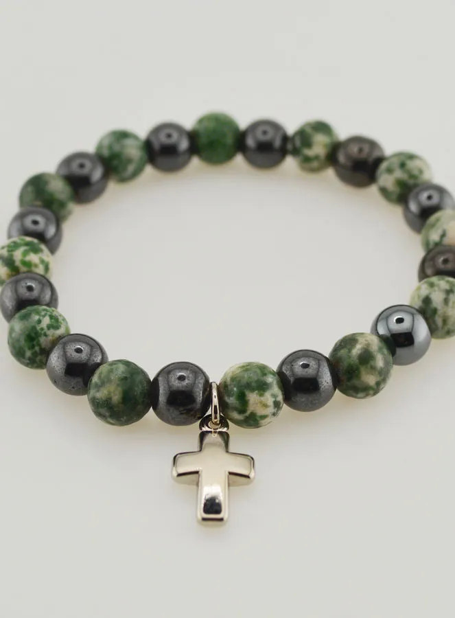 Bracelet with Cross - Tree Agate and Hematite 8mm (pic 2)