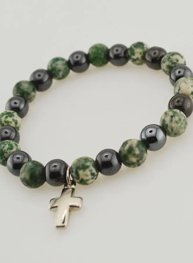 Bracelet with Cross - Tree Agate and Hematite 8mm (pic 4)