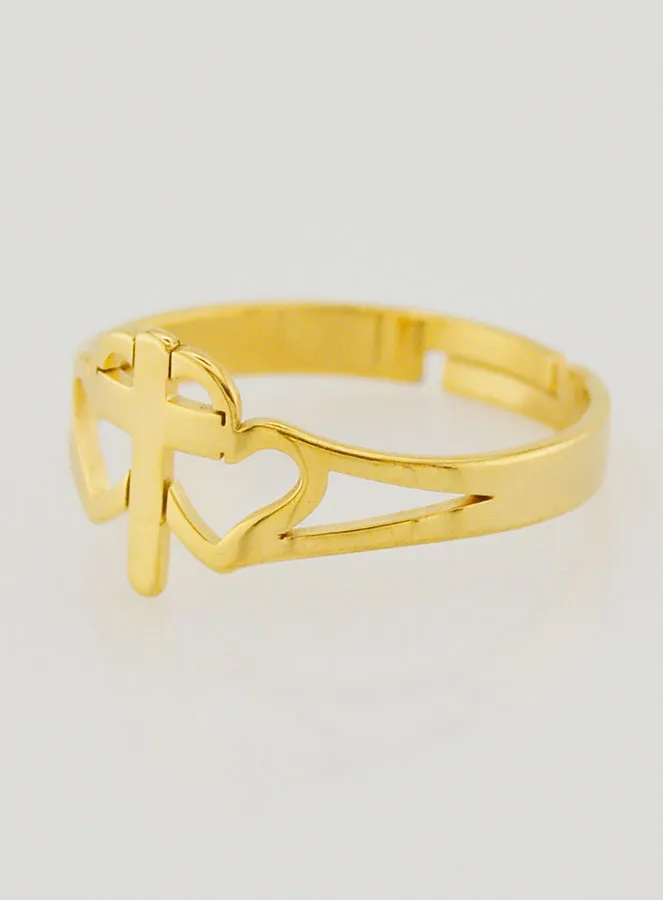 Adjustable Religious Ring Cross and Hearts - Golden (pic 2)
