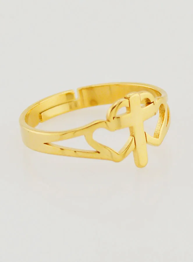 Adjustable Religious Ring Cross and Hearts - Golden (pic 3)