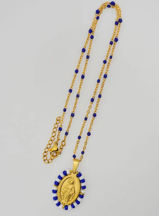 Miraculous Medal Blue and White Beads + Necklace with Beads (pic 2)