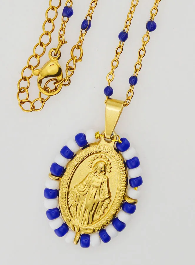 Miraculous Medal Blue and White Beads + Necklace with Beads (pic 4)