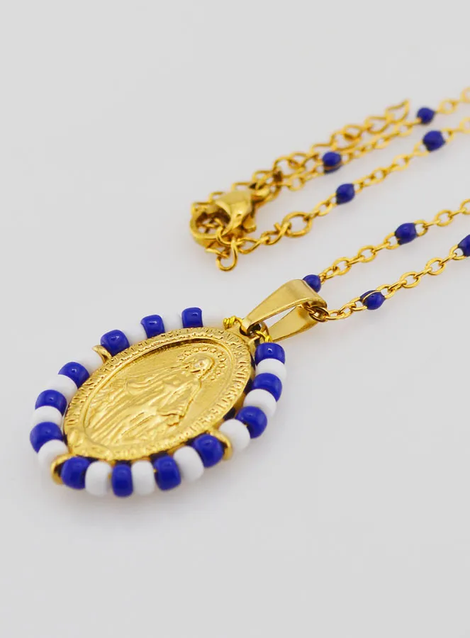 Religious Necklace with Beads and Miraculous Medal - Blue and White (pic 1)