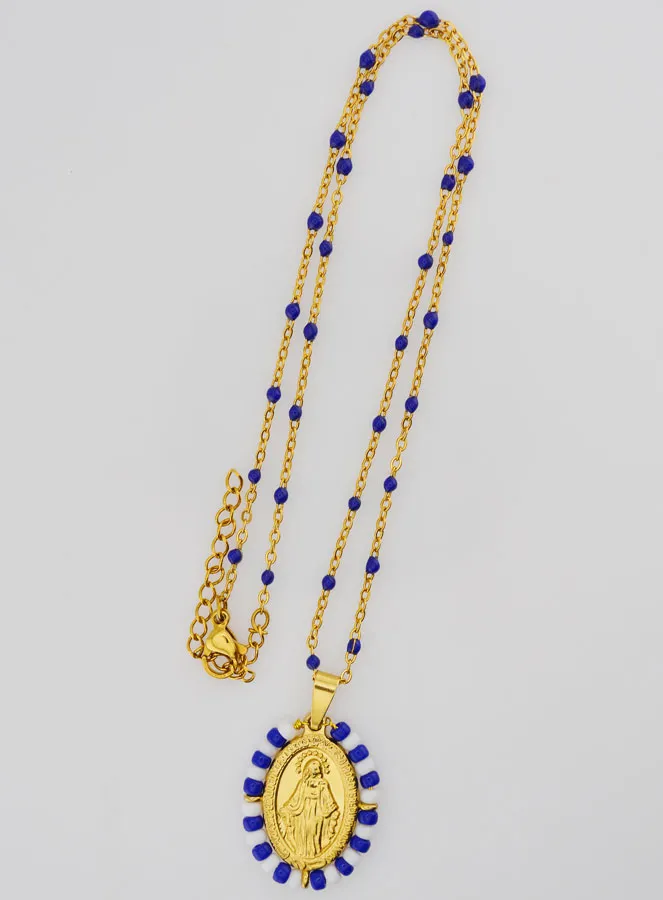 Religious Necklace with Beads and Miraculous Medal - Blue and White (pic 2)